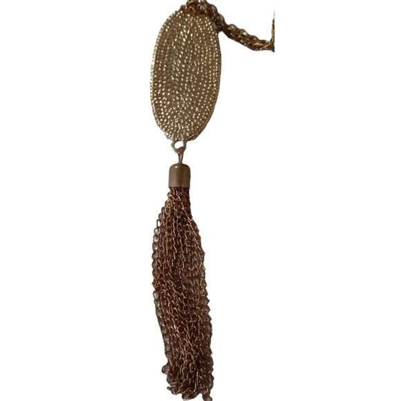 Vintage Black Oval Bead Necklace Tassel Pendant Antiqued Gold Tone 24" Chain - Picture 4 of 7